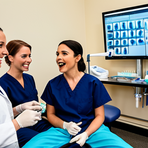 Home 13 **Image Prompt for Technical Skill Enhancement**:
"An engaging dental seminar setting with a group of dental hygienists attentively watching a hands-on demonstration of advanced cavity detection techniques by an expert. The room is filled with dental tools and equipment, showcasing a professional learning environment."