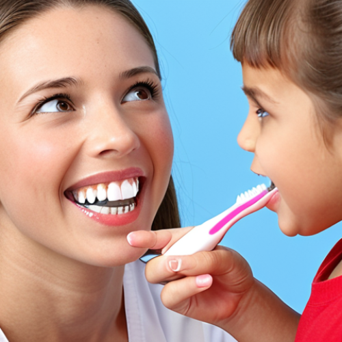 Home 8 **
A dental hygienist patiently explaining proper brushing techniques to a child, using a model of teeth and a large toothbrush. The scene is bright and friendly, emphasizing the importance of early dental education. Focus on the child's engaged expression and the hygienist's gentle demeanor.
**