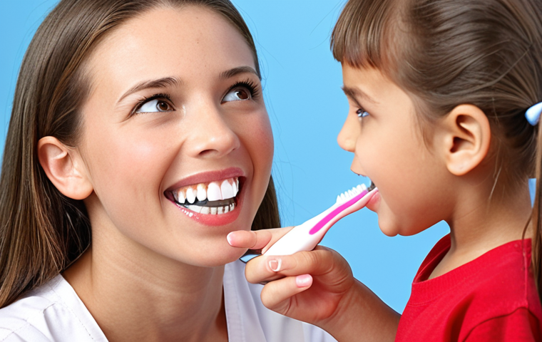 **
A dental hygienist patiently explaining proper brushing techniques to a child, using a model of teeth and a large toothbrush. The scene is bright and friendly, emphasizing the importance of early dental education. Focus on the child's engaged expression and the hygienist's gentle demeanor.
**