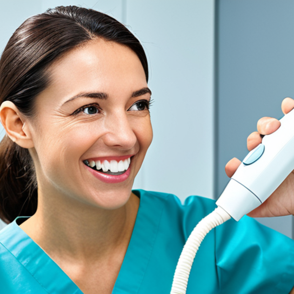 A professional female dental hygienist, fully clothed in a modest and appropriate professional scrub uniform, meticulously demonstrating an innovative oral hygiene technique using advanced dental equipment in a state-of-the-art dental clinic in France. The clinic features modern design, bright lighting, and cutting-edge technology. The hygienist has perfect anatomy, correct proportions, and a natural pose, with well-formed hands and proper finger count. Professional photography style, high quality, safe for work, appropriate content, family-friendly.