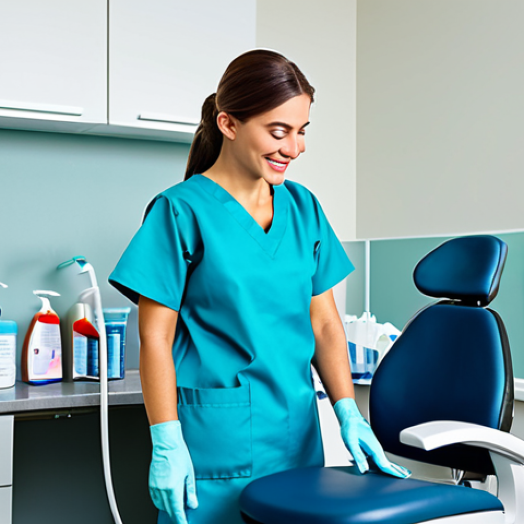 치과위생사 진료실 위생관리 체계 - **
"A bright and sterile dental office, showing an assistant carefully disinfecting a dental chair ...