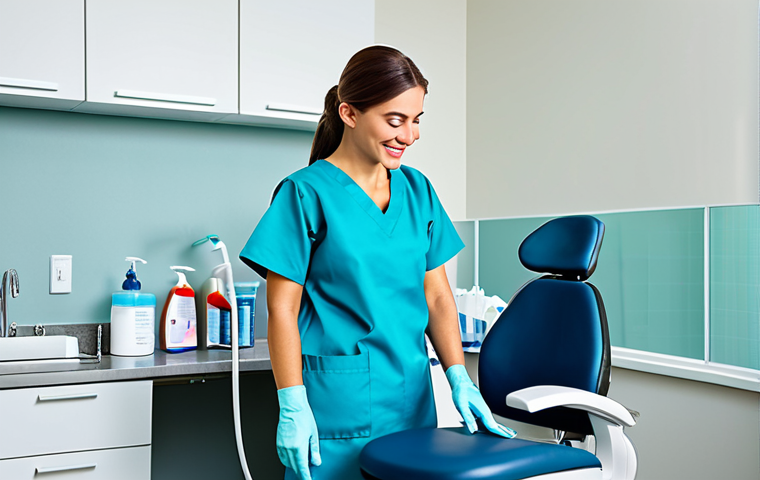 치과위생사 진료실 위생관리 체계 - **
"A bright and sterile dental office, showing an assistant carefully disinfecting a dental chair ...