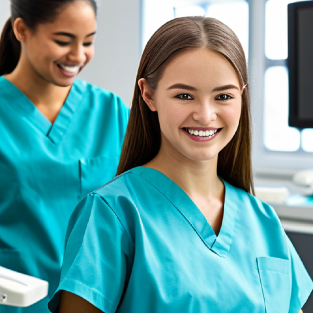 치과위생사 자격증 취득 가이드 - Dental Hygiene Student in Training**
A young woman wearing scrubs, fully clothed, practicing dental...