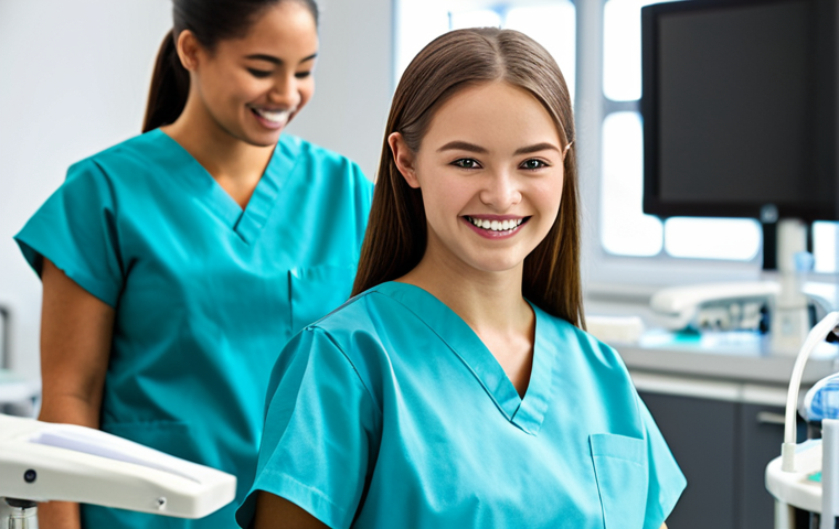 치과위생사 자격증 취득 가이드 - Dental Hygiene Student in Training**
A young woman wearing scrubs, fully clothed, practicing dental...