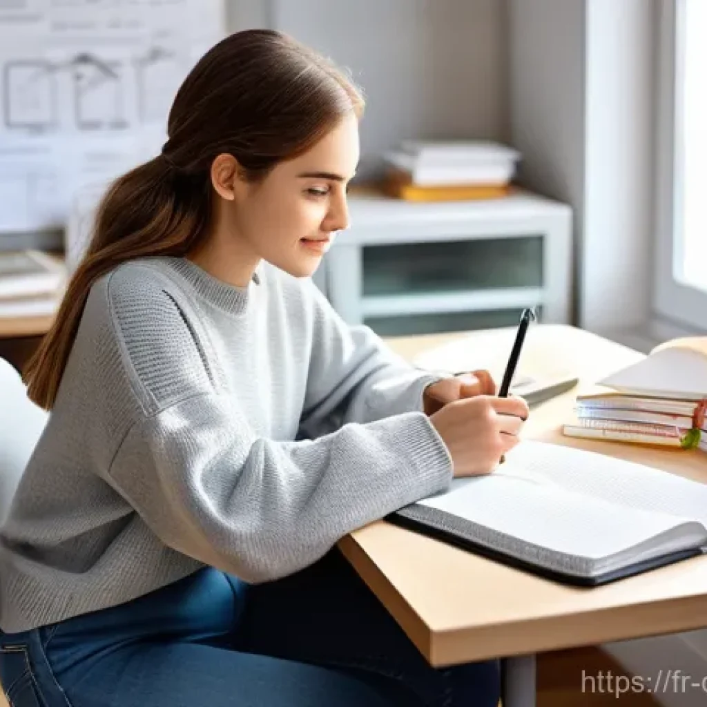 치과위생사 학점 관리 전략 - **A diligent female French dental hygiene student at her organized study desk.** She is young, with ...