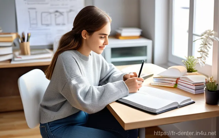 치과위생사 학점 관리 전략 - **A diligent female French dental hygiene student at her organized study desk.** She is young, with ...