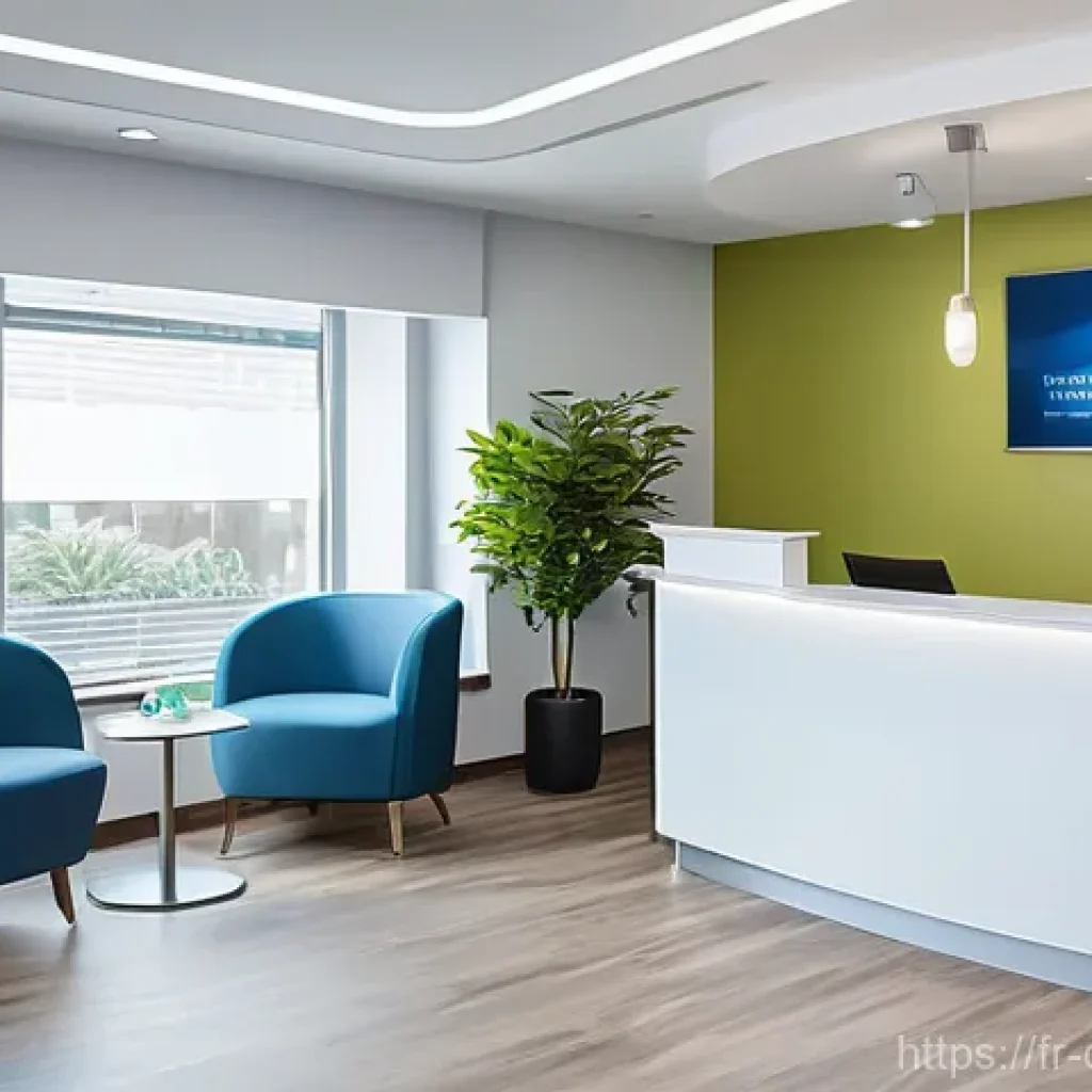 치과위생사 병원 선택 기준 - A brightly lit, modern dental clinic reception area. A friendly female receptionist, in a profession...