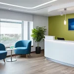 치과위생사 병원 선택 기준 - A brightly lit, modern dental clinic reception area. A friendly female receptionist, in a profession...