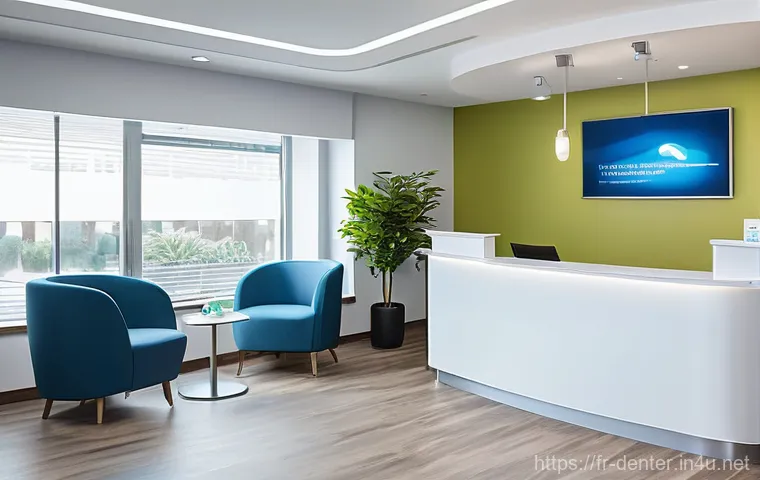 치과위생사 병원 선택 기준 - A brightly lit, modern dental clinic reception area. A friendly female receptionist, in a profession...