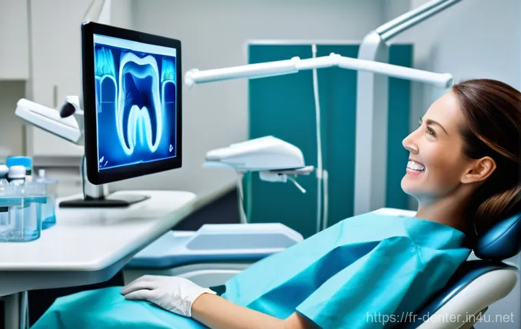 치과위생사 병원 선택 기준 - A brightly lit, modern dental clinic reception area. A friendly female receptionist, in a profession...