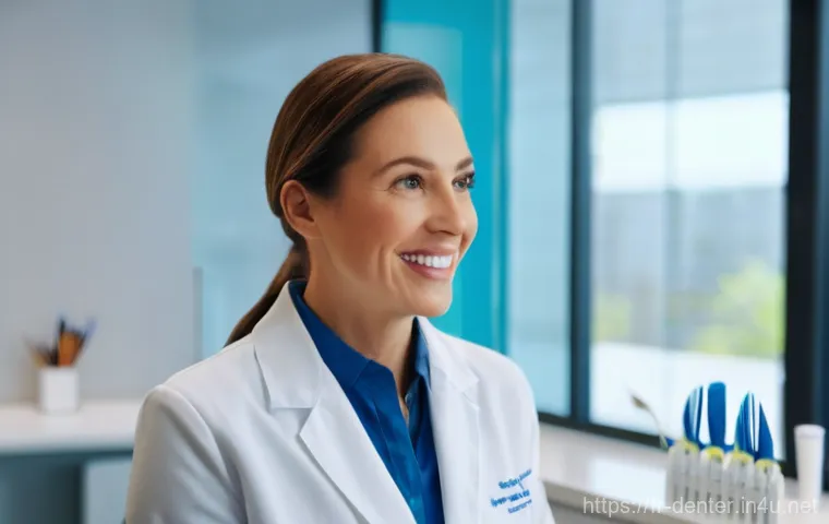 치과위생사 병원 선택 기준 - Inside a state-of-the-art dental examination room. A professional female dentist or dental hygienist...