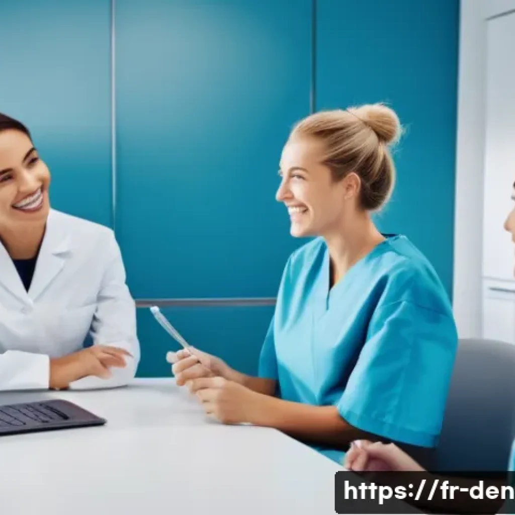 치과위생사로서 중요한 리더십 스킬 - A diverse team of dental hygienists in a modern dental clinic setting, engaging in an open and since...