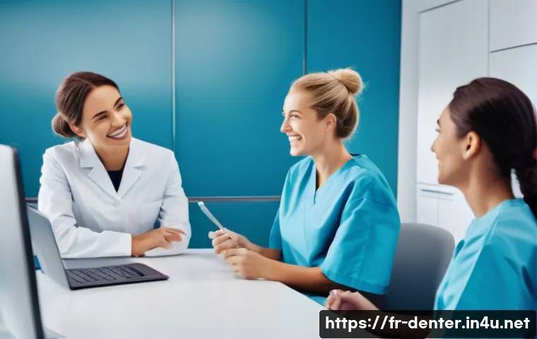 치과위생사로서 중요한 리더십 스킬 - A diverse team of dental hygienists in a modern dental clinic setting, engaging in an open and since...