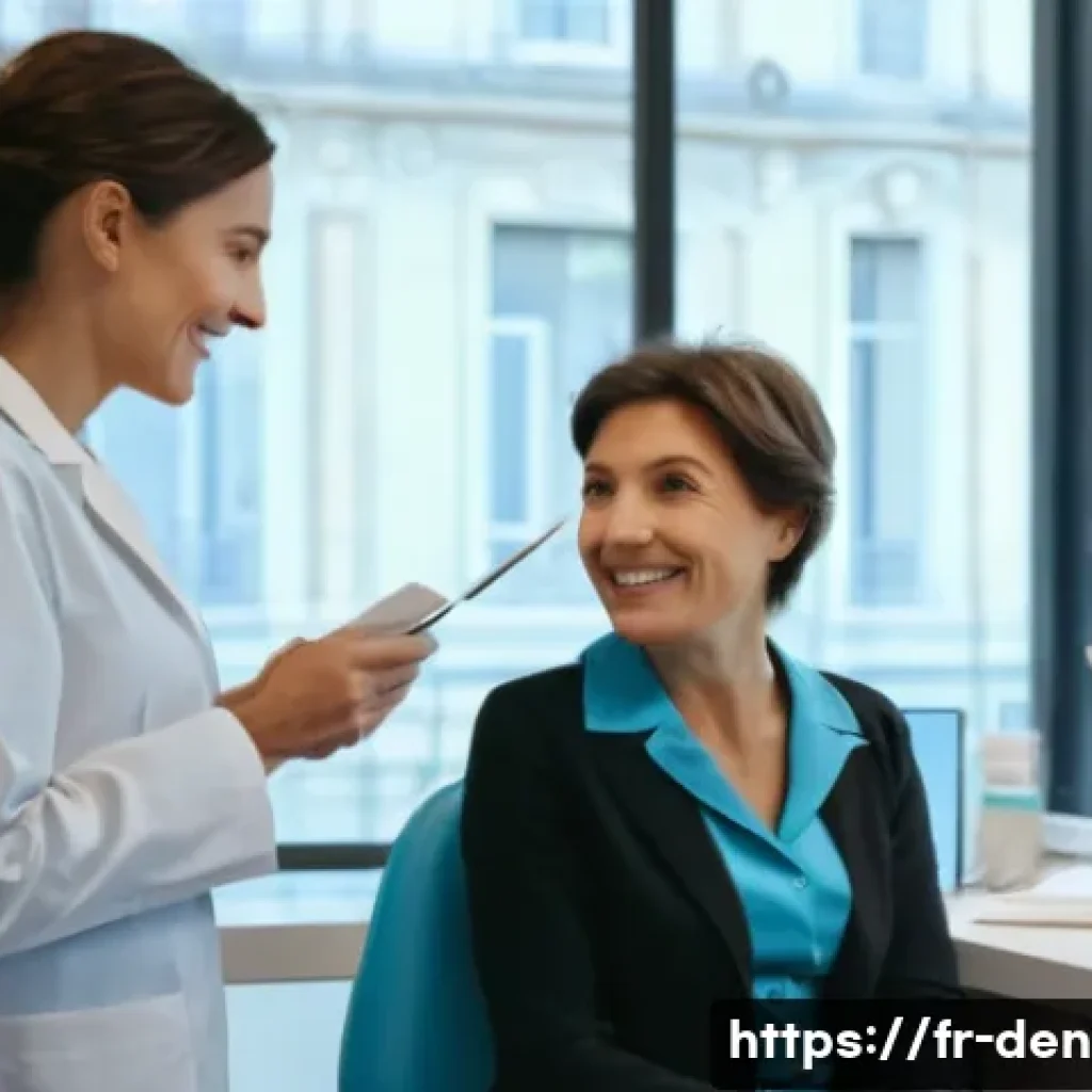 치과위생사 환자 사례 연구 - A calm dental consultation scene in a modern French dental office, featuring a gentle female dentist...