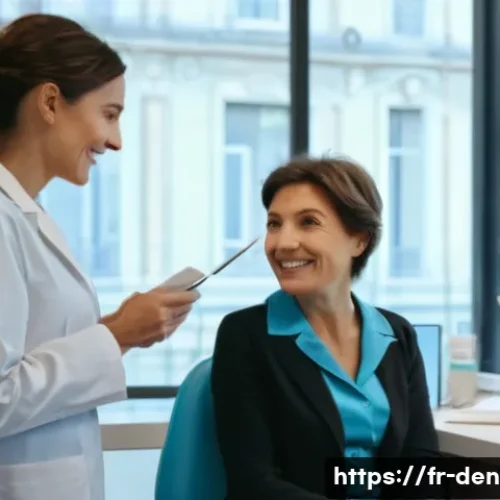 치과위생사 환자 사례 연구 - A calm dental consultation scene in a modern French dental office, featuring a gentle female dentist...