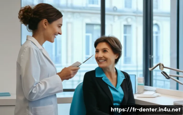 치과위생사 환자 사례 연구 - A calm dental consultation scene in a modern French dental office, featuring a gentle female dentist...