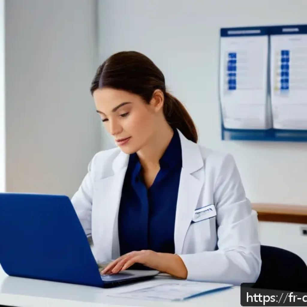 치과위생사 면허 갱신 시 주의사항 - A professional French dental hygienist in a modern office setting, wearing neat, modest business att...