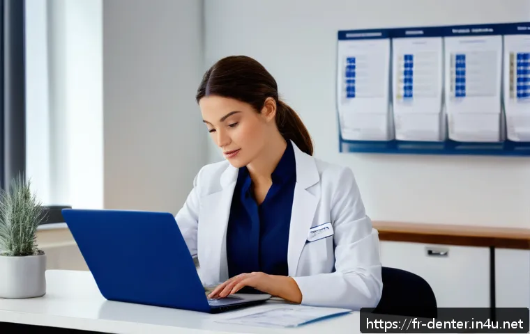치과위생사 면허 갱신 시 주의사항 - A professional French dental hygienist in a modern office setting, wearing neat, modest business att...