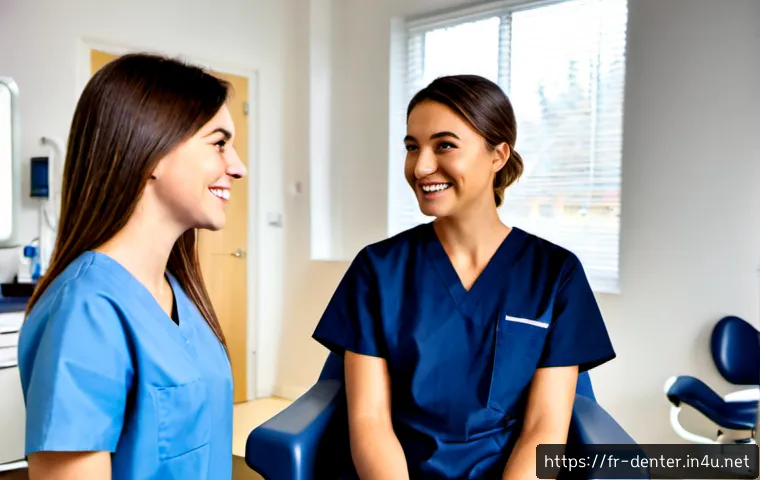 치과위생사 합격 후기 인터뷰 - Photorealistic interview scene in a modern French dental clinic, confident young adult dental hygien...