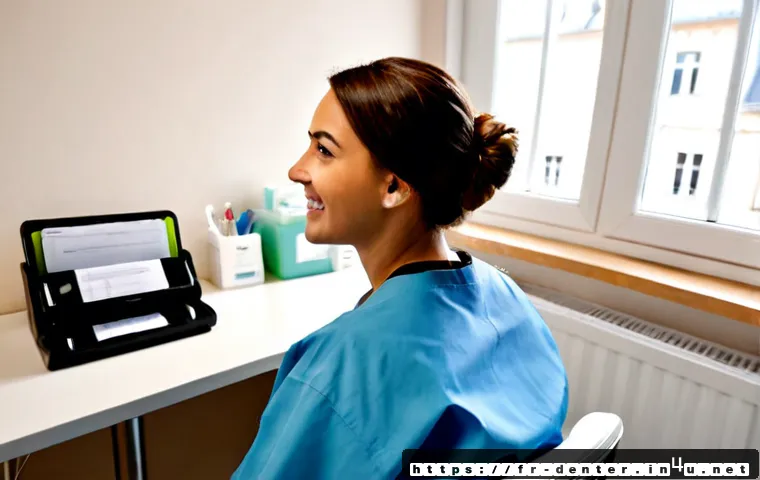 Home 17 치과위생사 졸업 후 진로 선택 - Photorealistic career-choice scene in France: a recently graduated dental hygienist in clean profess...