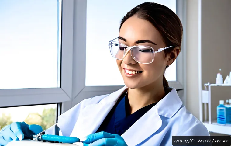 치과위생사 필수 중점 과목 정리 - Photorealistic dental hygiene student in a modern French clinical training laboratory, carefully pra...