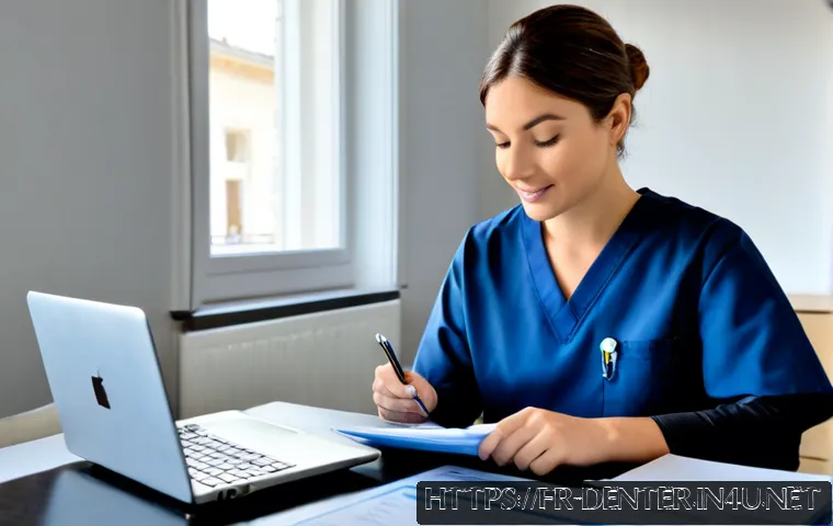 치과위생사 자격증 취득 후 해야 할 일 - Photorealistic French dental hygienist in professional navy scrubs organizing certification document...